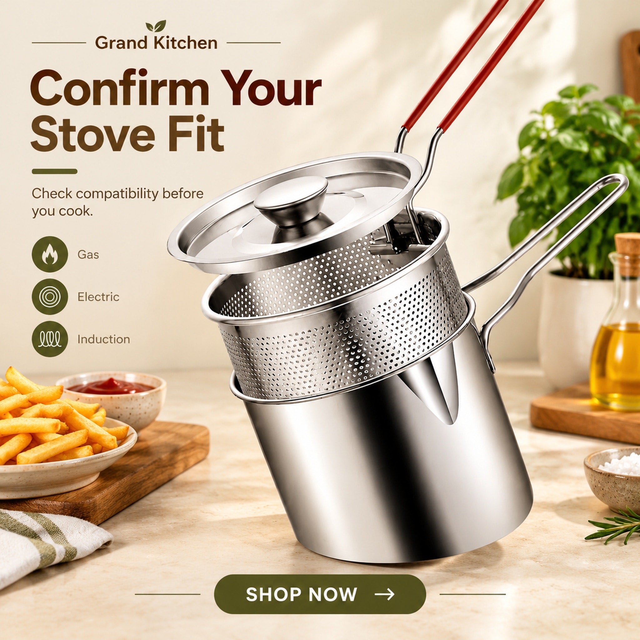 Grand Kitchen compact stainless-steel frying set showing the pot, perforated basket, lid, and red-grip tongs