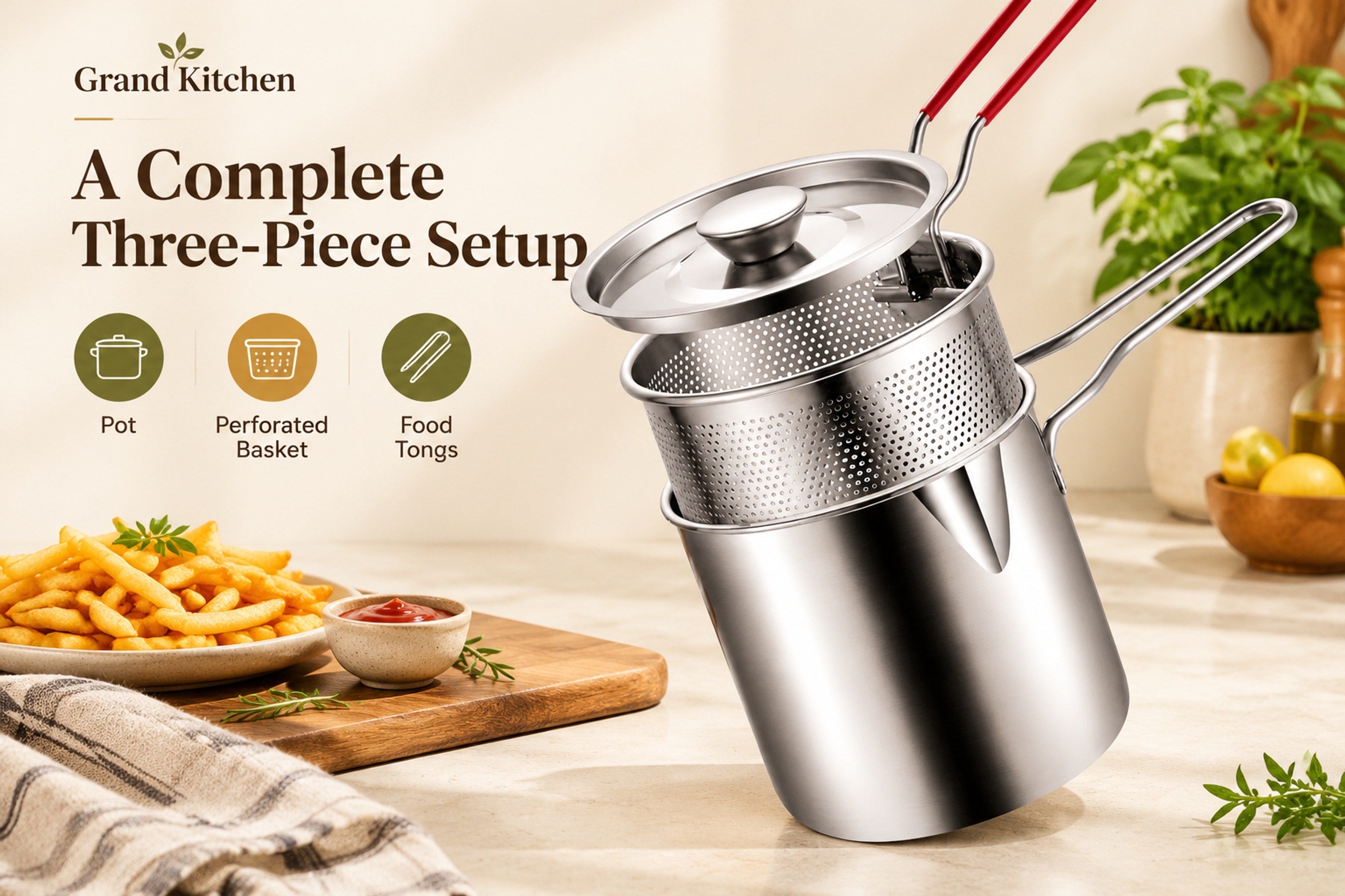 Small stainless-steel pot and lift-out basket showing the compact stovetop frying setup
