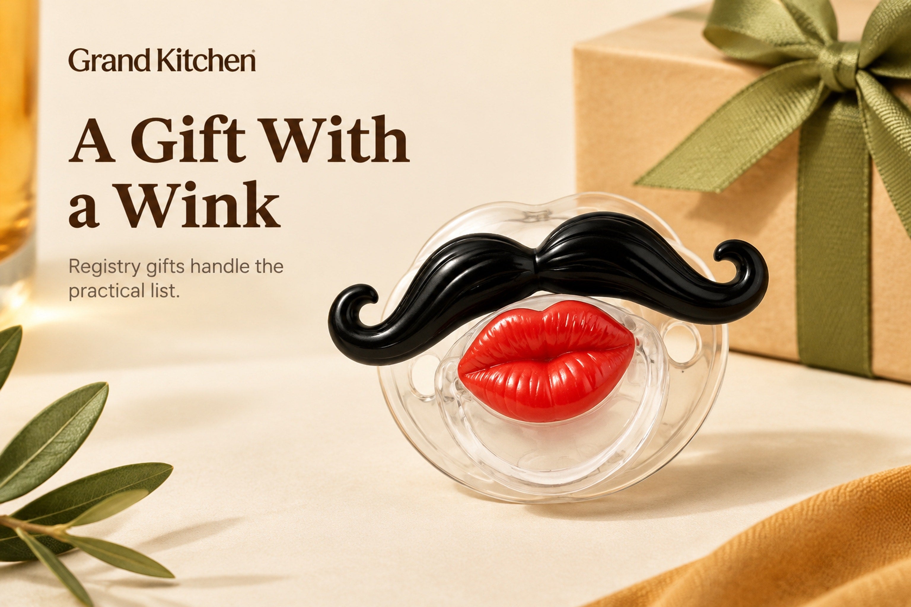 Clear pacifier-style novelty item with black mustache and bright red lips
