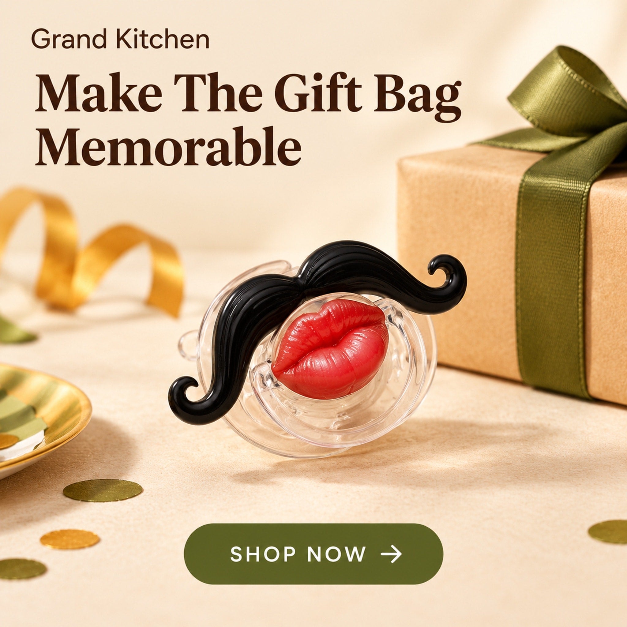 Clear pacifier-style novelty design featuring a black curled mustache and bright red lips