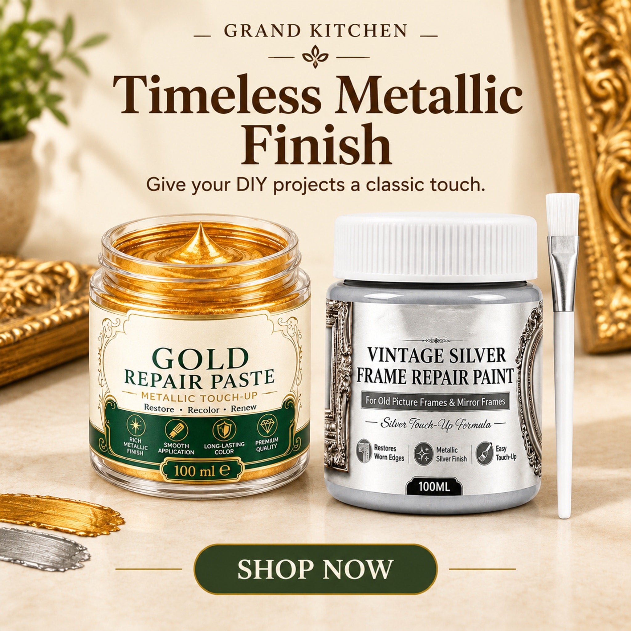 Open jar of gold metallic refinishing paste with a white-handled brush beside an ornate picture frame
