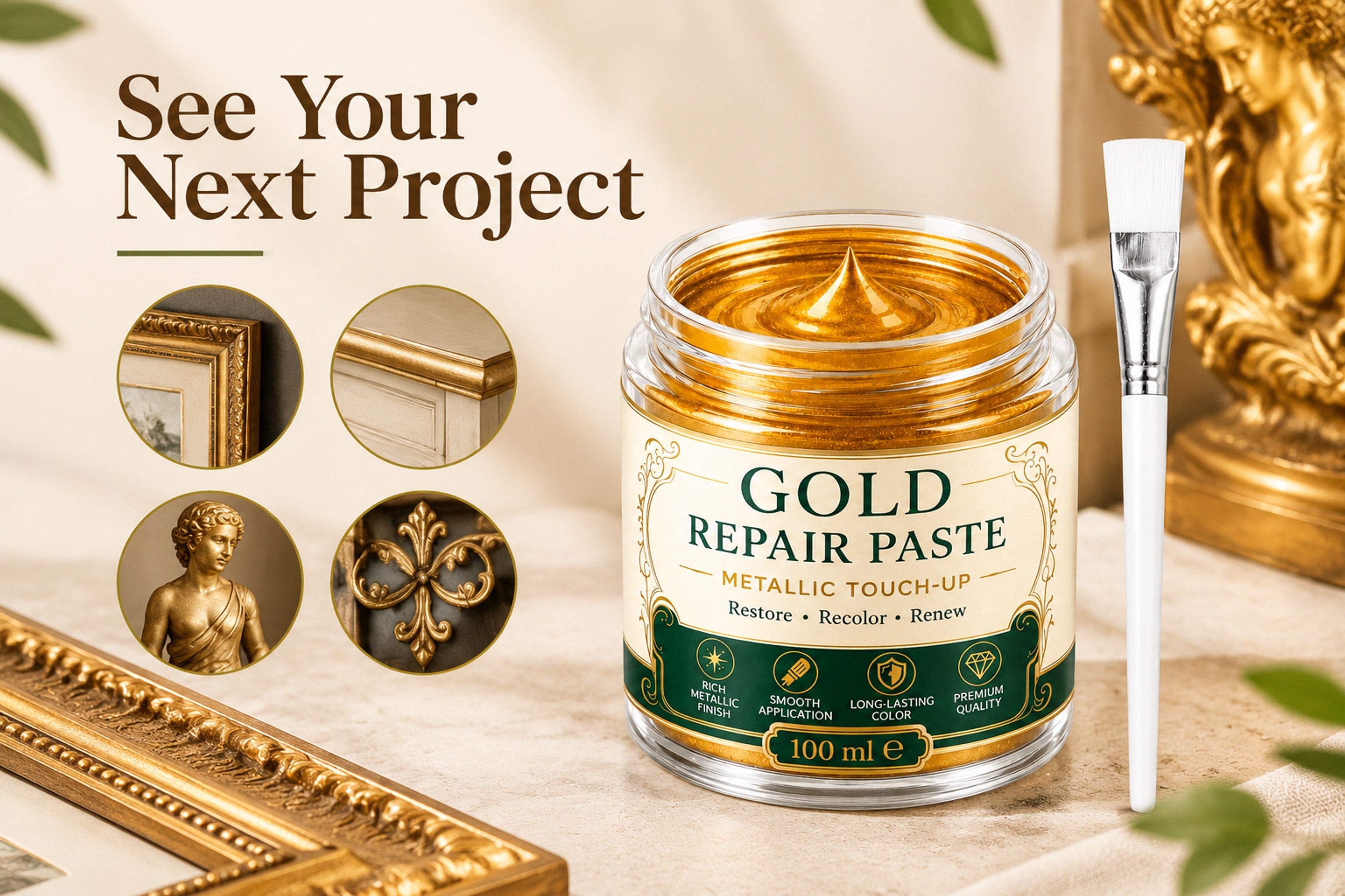 Open jar of gold metallic paste with brush beside an ornate frame