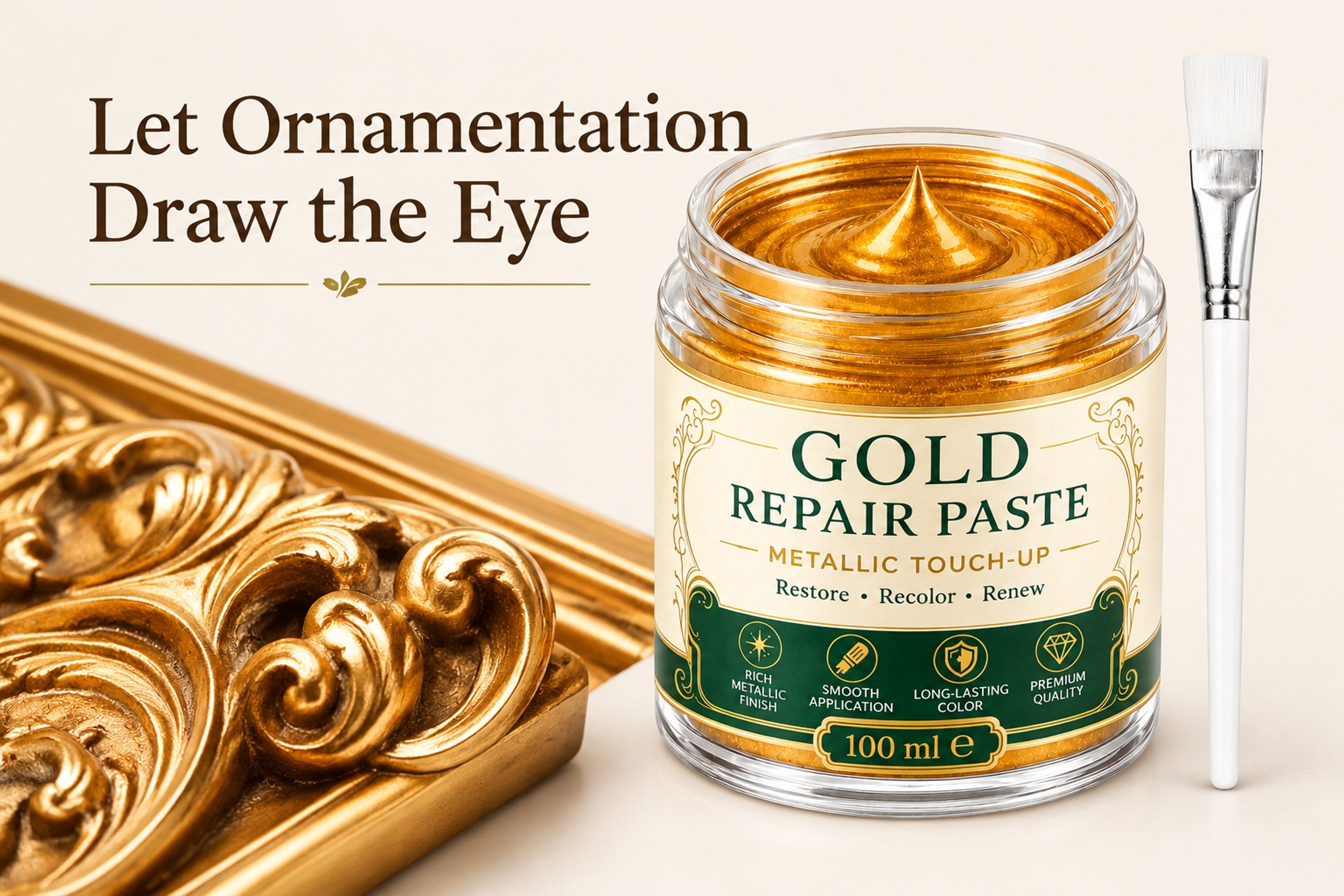 Ornate gold-toned picture frame with decorative molding in a home setting