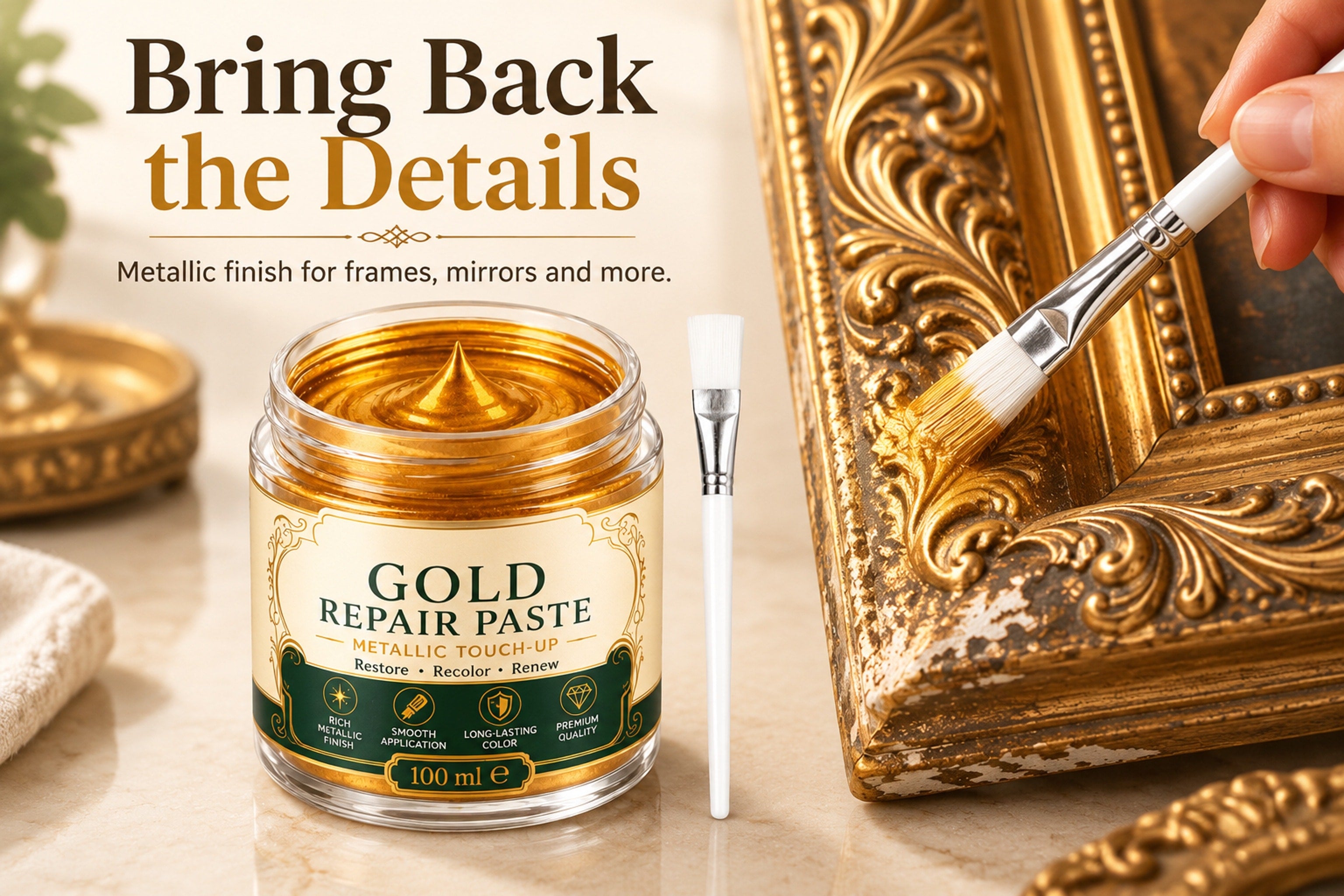 Open jar of gold metallic refinishing paste with included brush