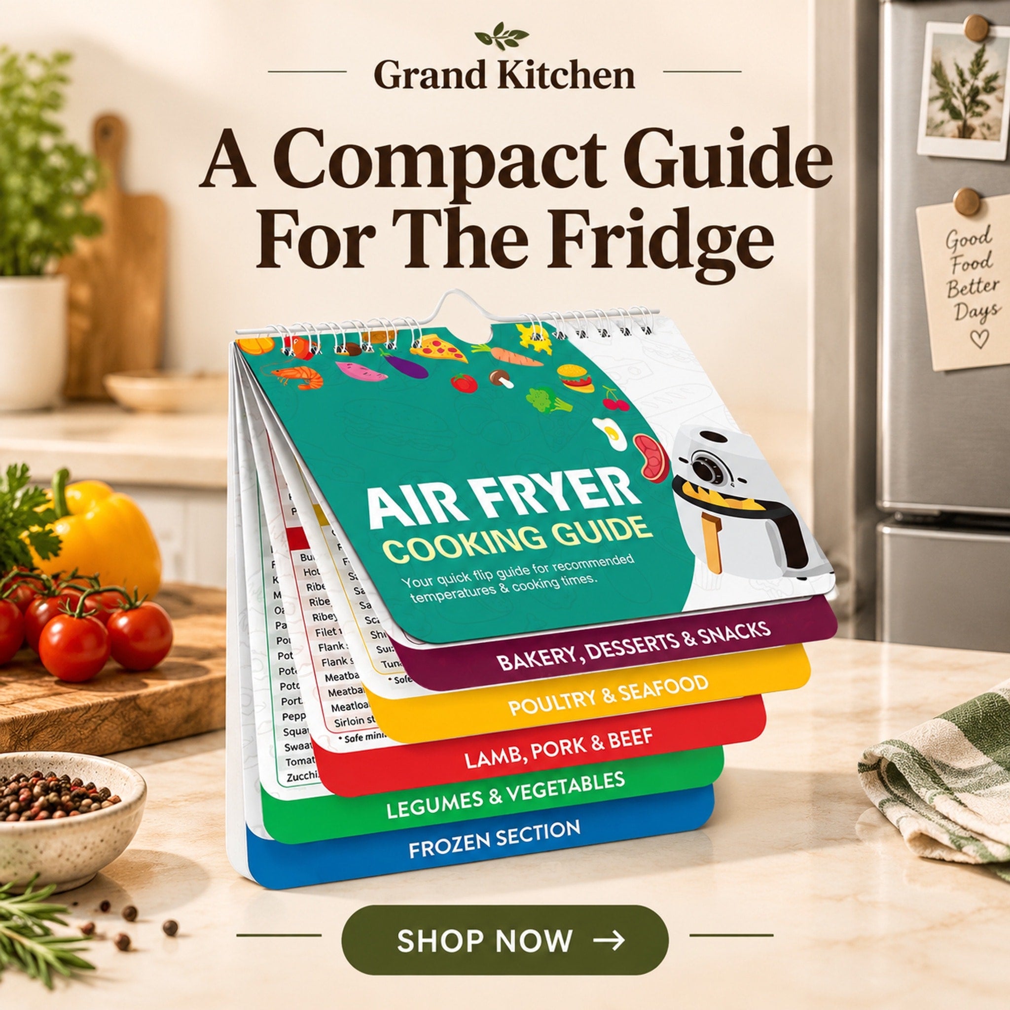 Air Fryer Cooking Guide cover and color-coded tabs for frozen foods, vegetables, meats, seafood, and snacks