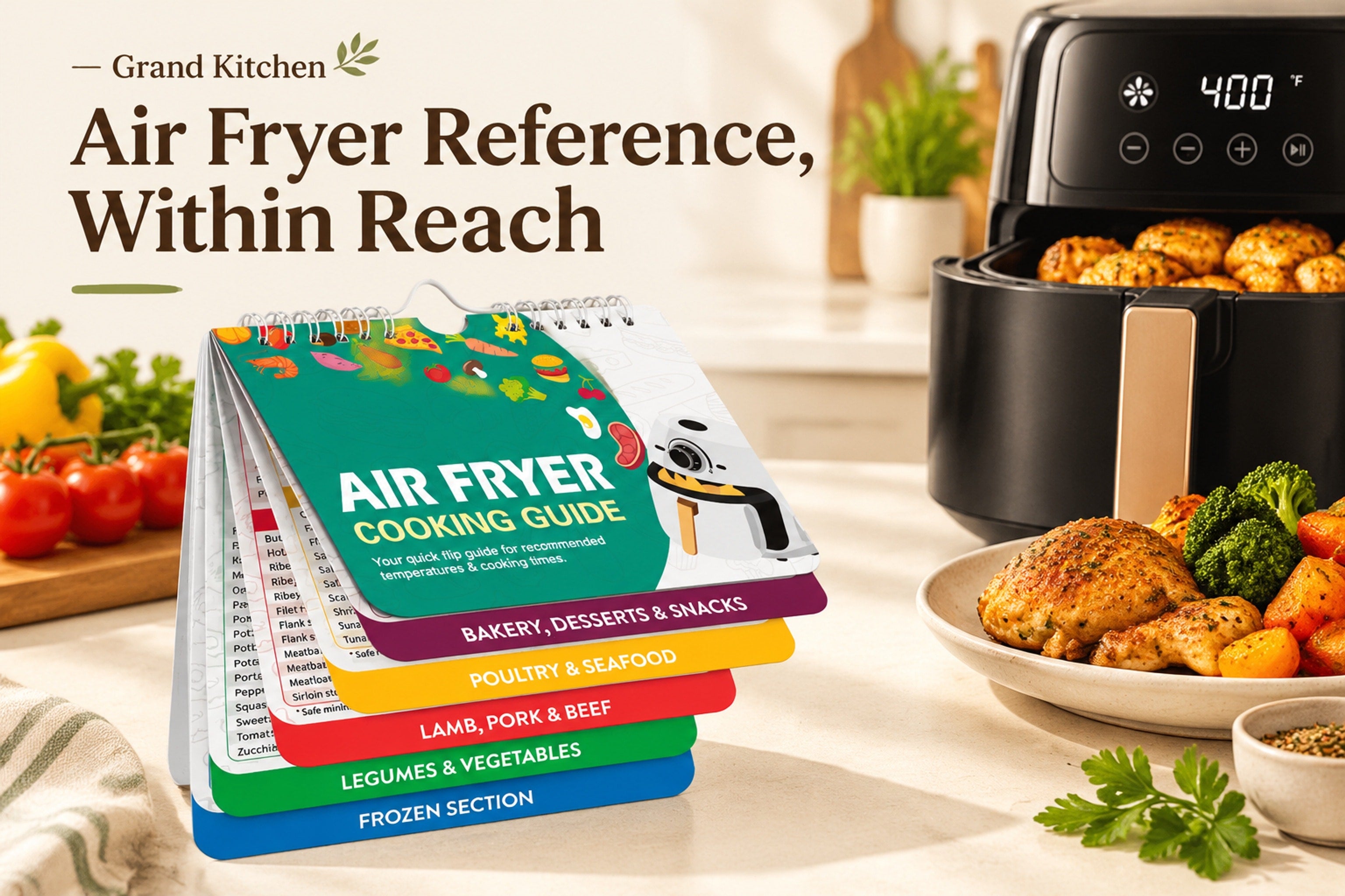 Air Fryer Cooking Guide booklet showing bakery, seafood, meat, vegetable, and frozen-food tabs