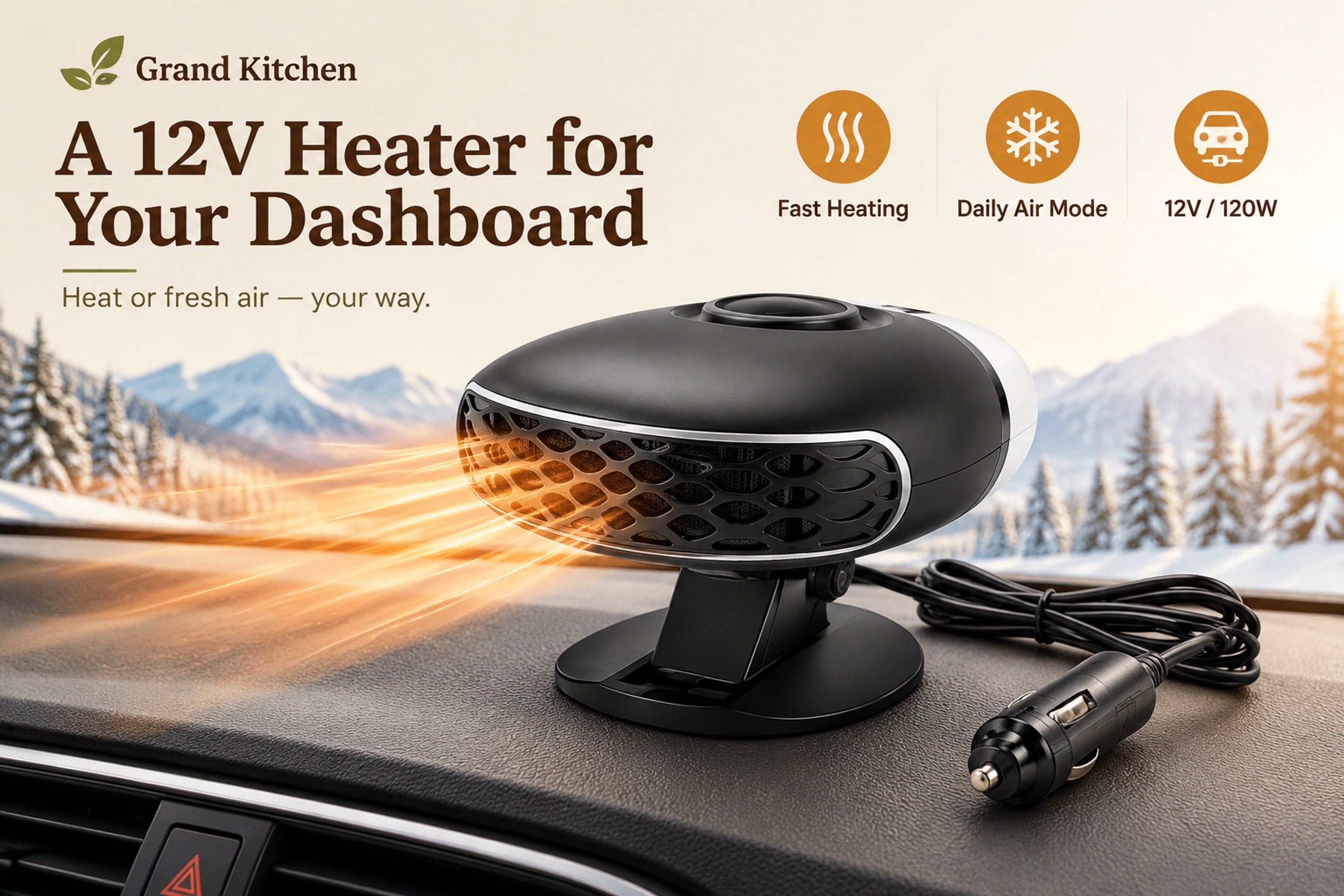 Black 12V dashboard heater with front grille, adjustable base, and lighter-socket plug