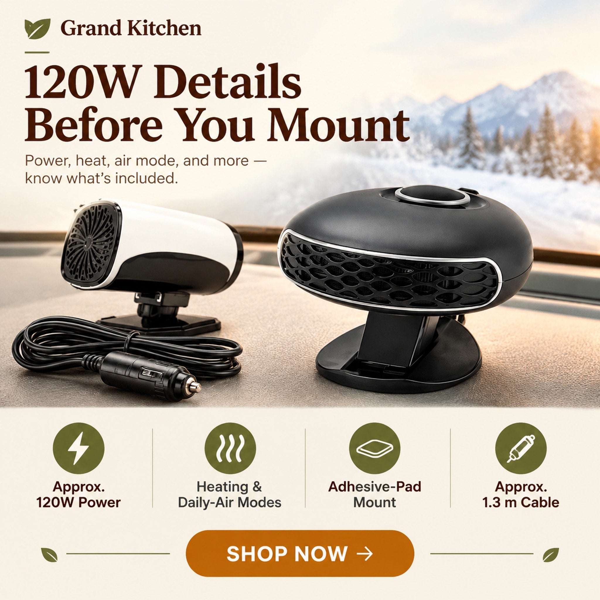 Black 12V dashboard heater with front air outlet, adjustable base, and lighter-socket power plug