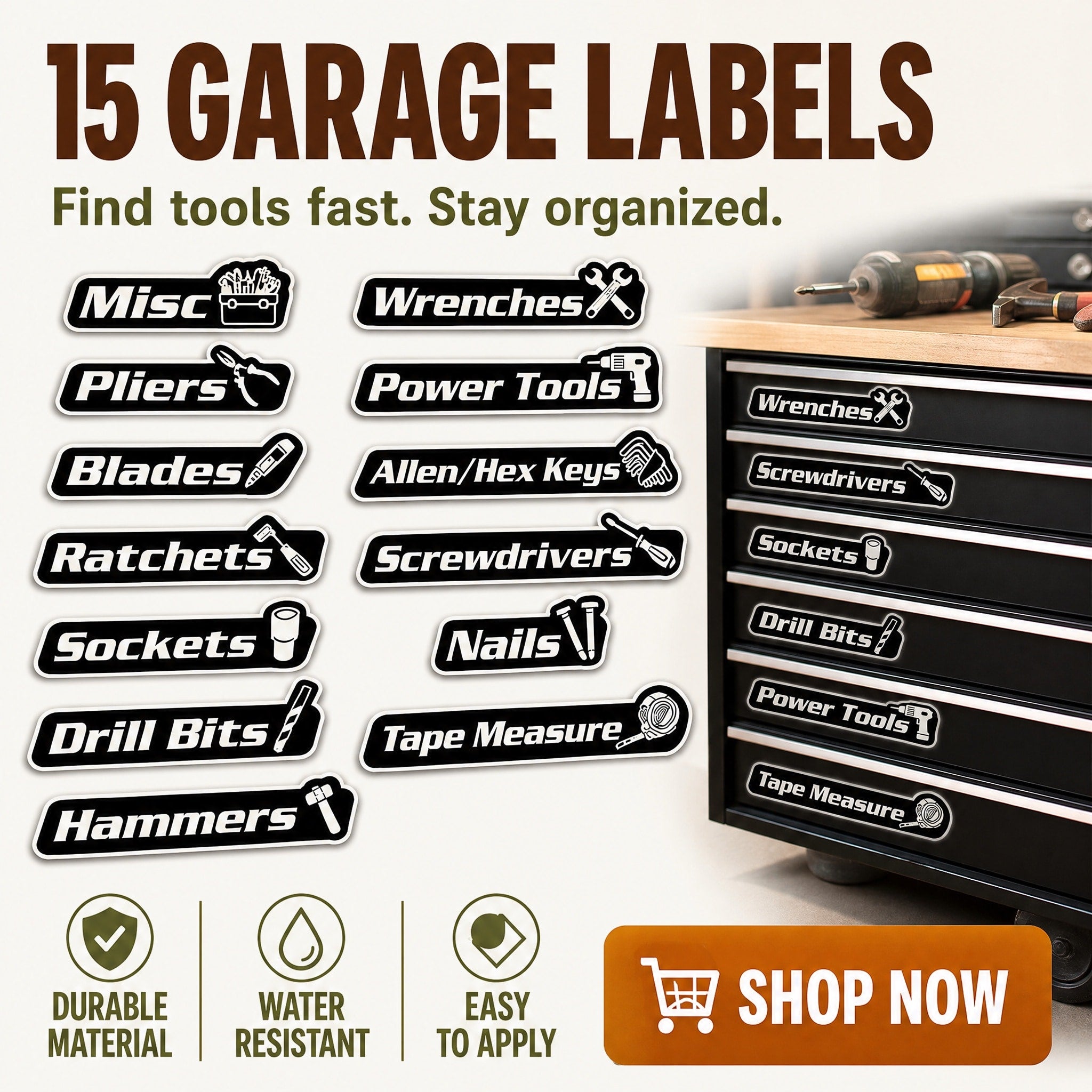 Fifteen black-and-white toolbox drawer labels showing named tool categories and matching icons
