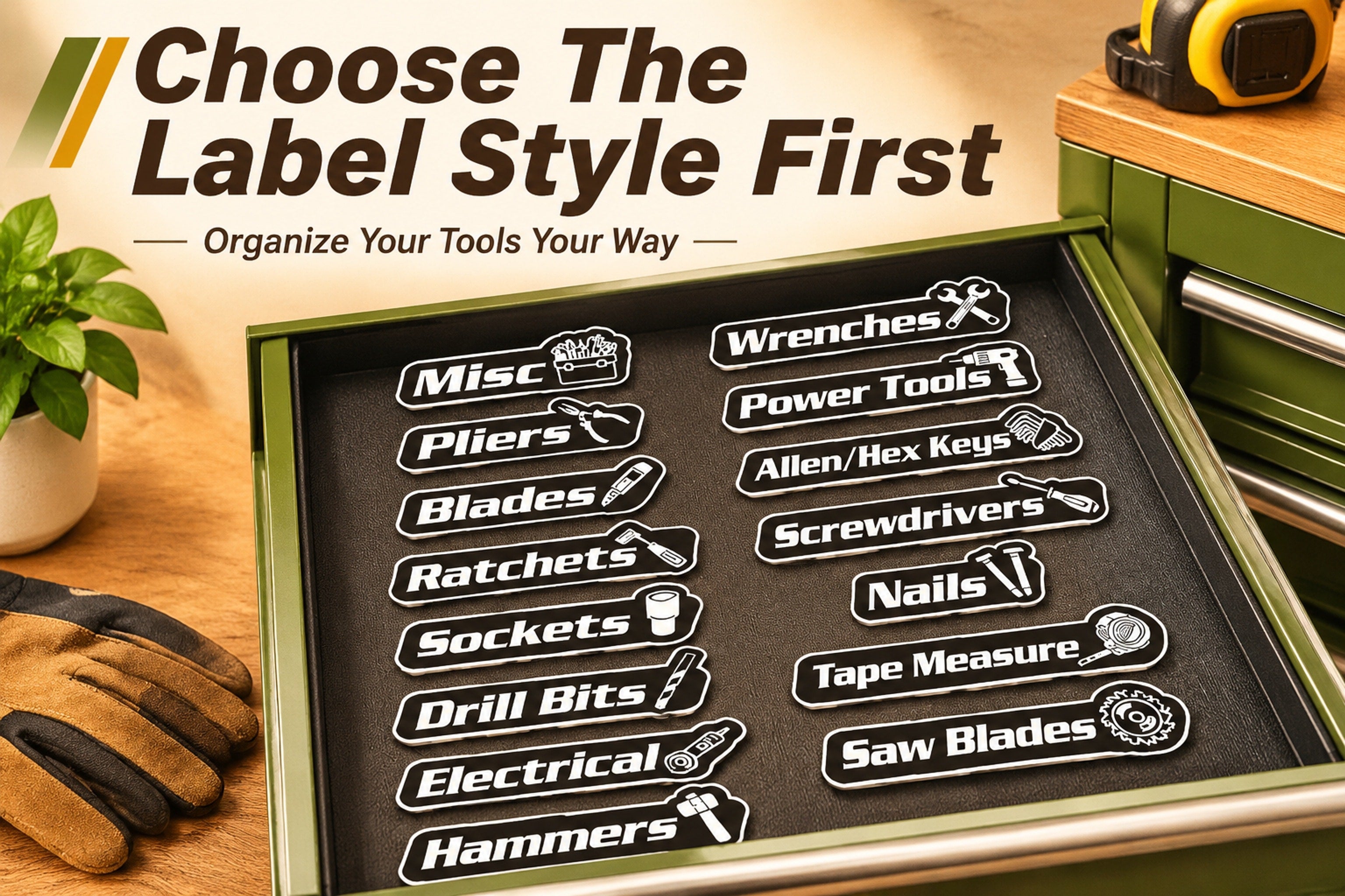 Black tool drawer category labels with white lettering and tool icons