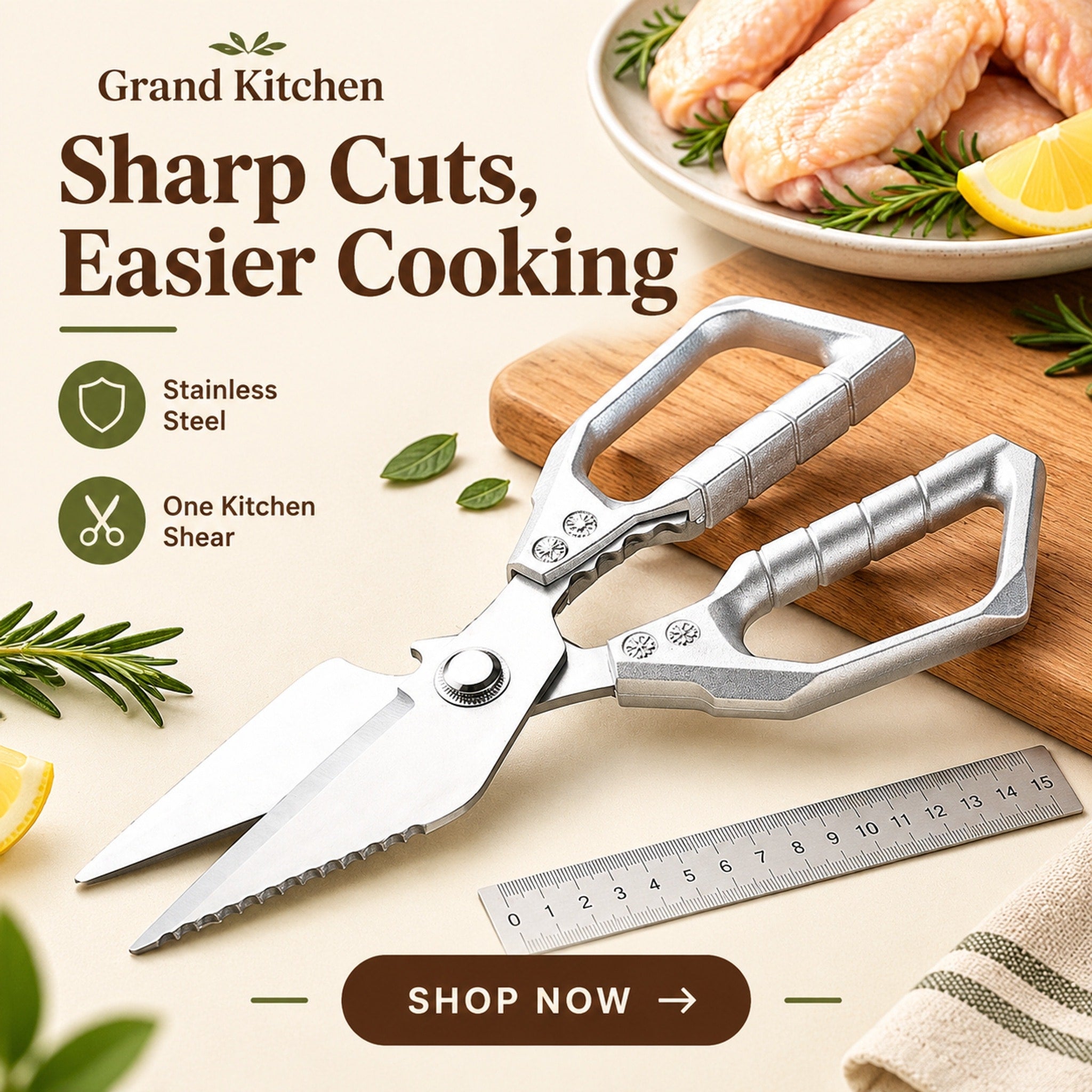 Close view of multifunctional kitchen shears showing the broad blade, serrated blade, pivot, and open-frame handles
