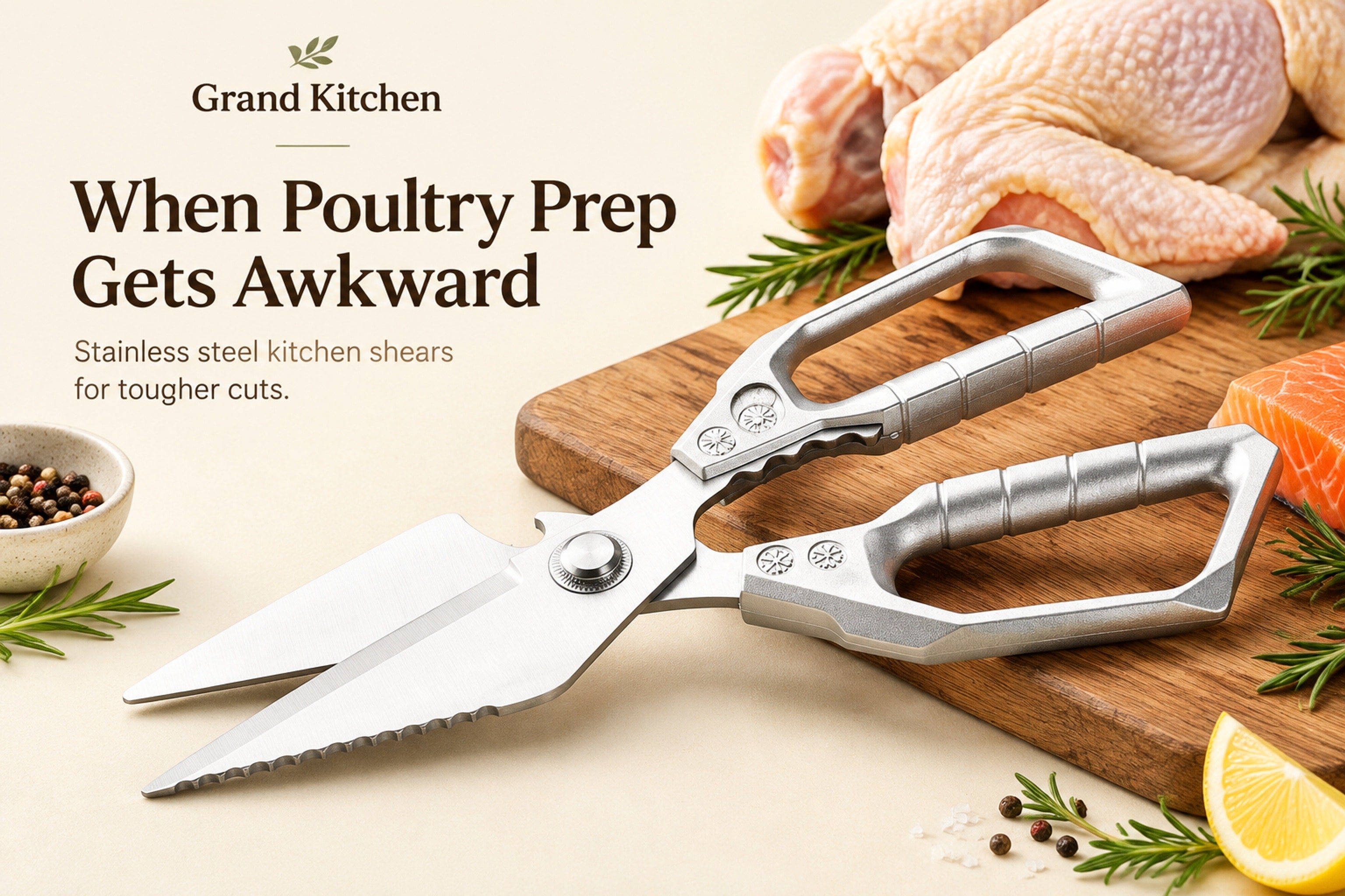 Close view of multifunctional kitchen shears with broad and serrated blades