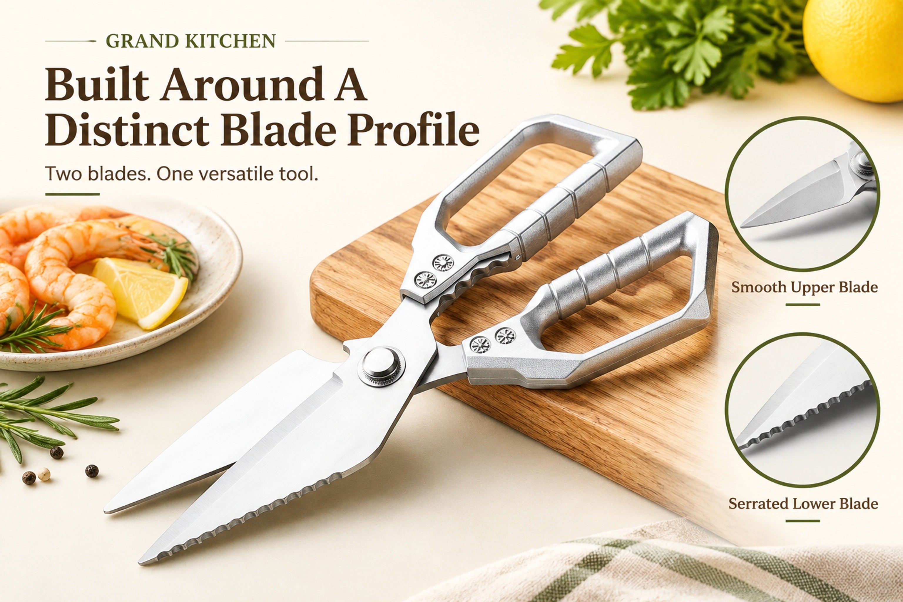 Close view of kitchen shears with broad blade, serrated lower blade, pivot, and open-frame handles