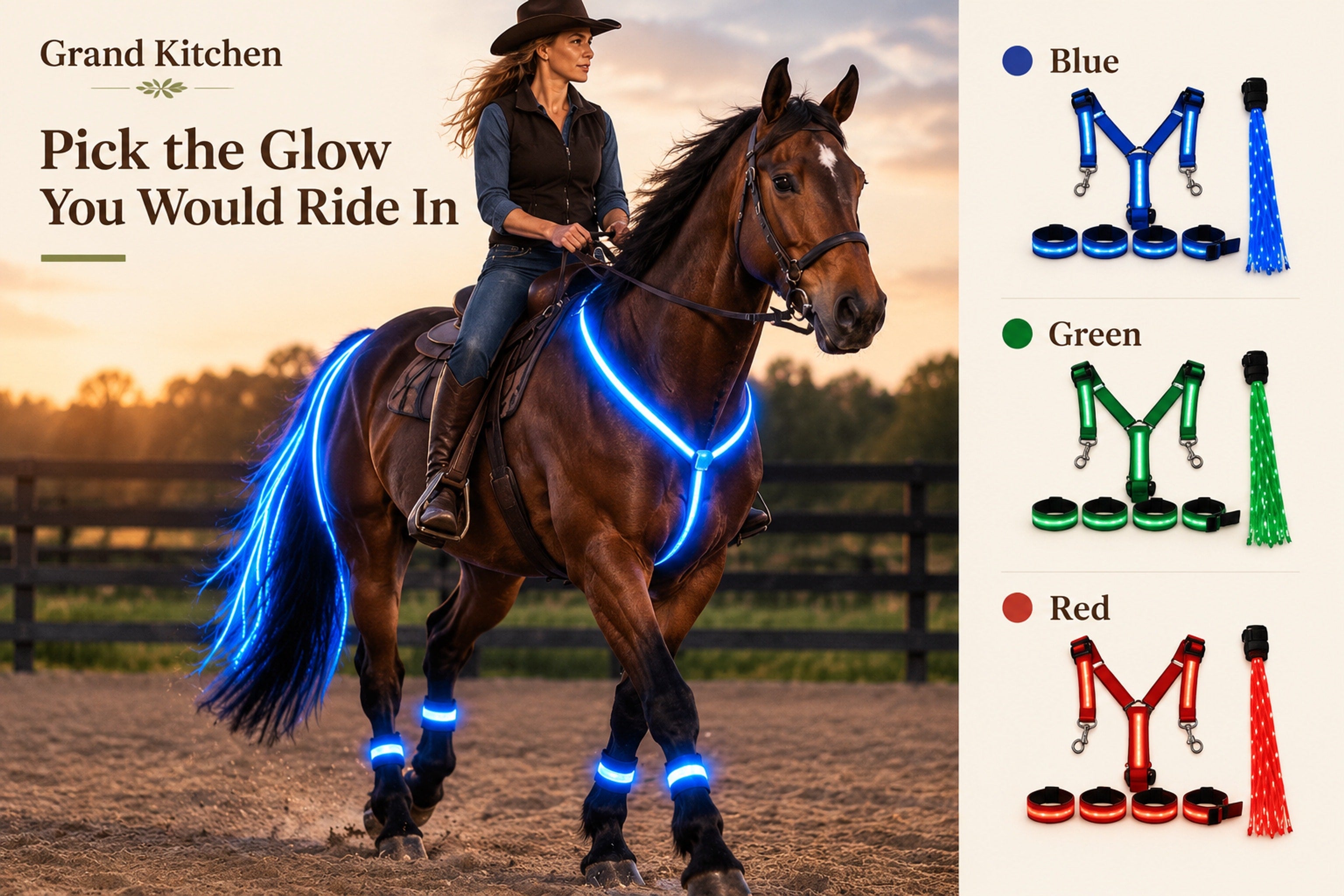 Visible chest-piece adjuster, wrap-style leg band, and illuminated tail strands