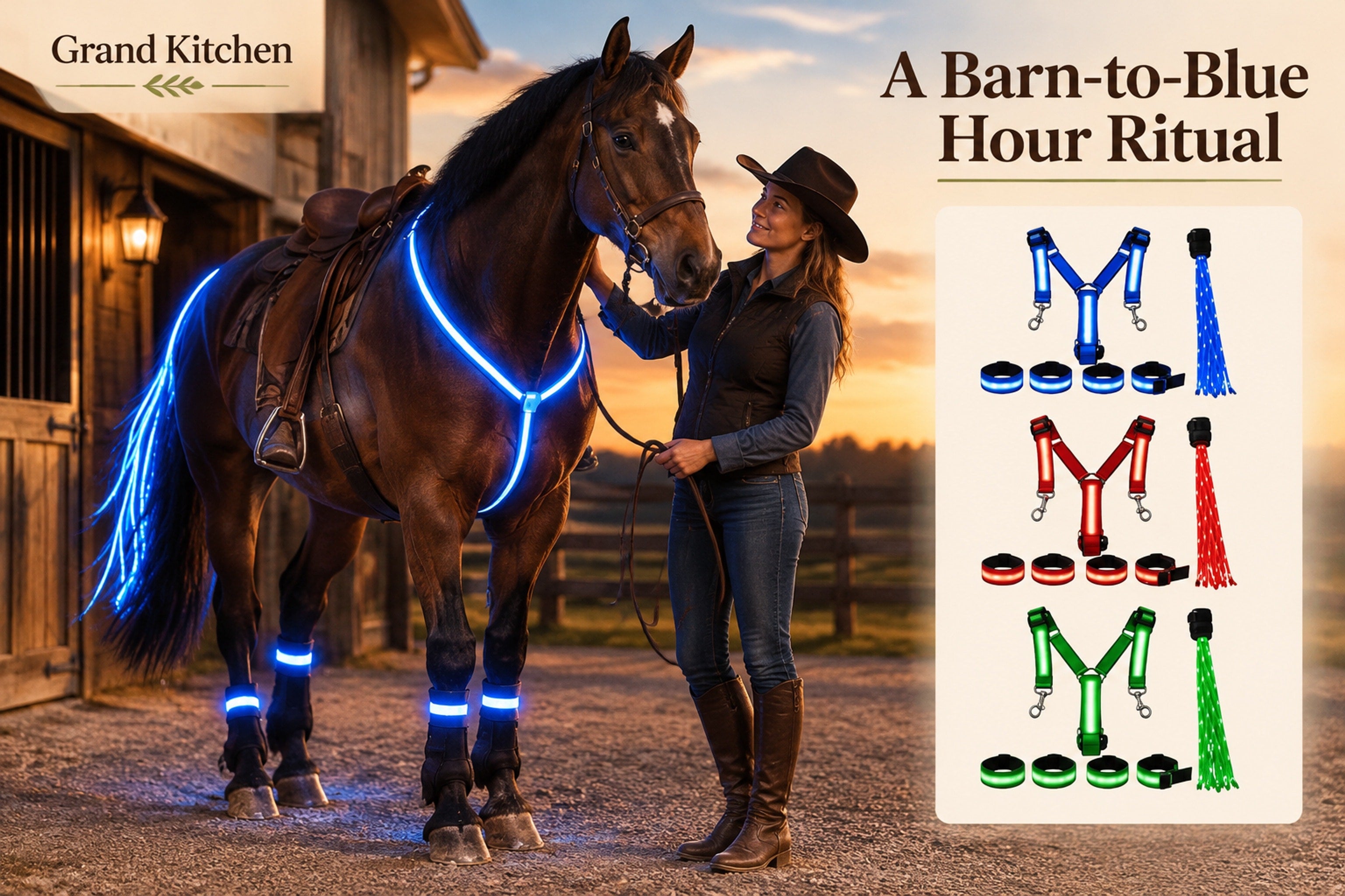 Horse and rider in a familiar low-light barn or riding setting before the illuminated look