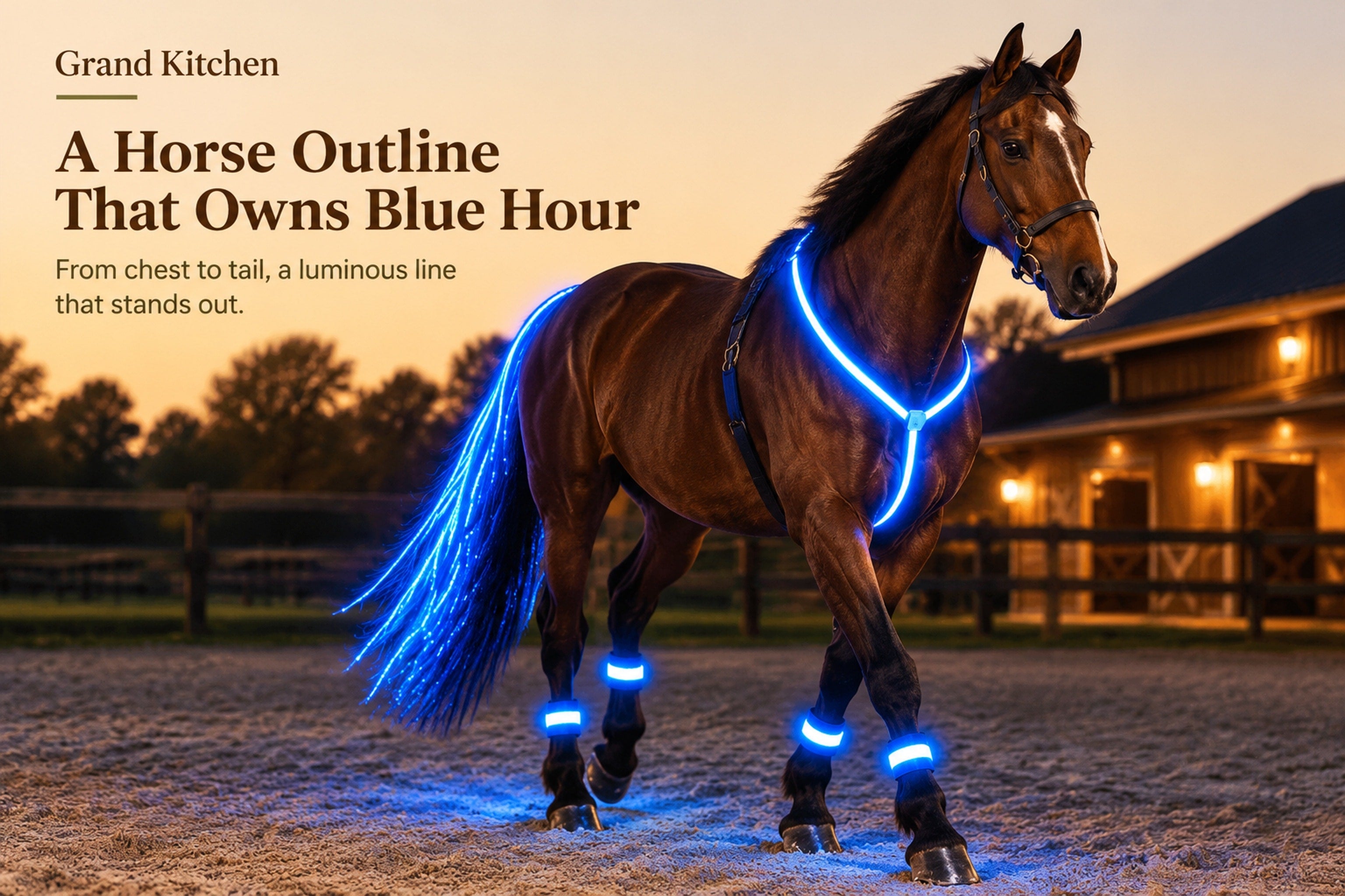 Close view of illuminated horse chest, leg, and tail accessories