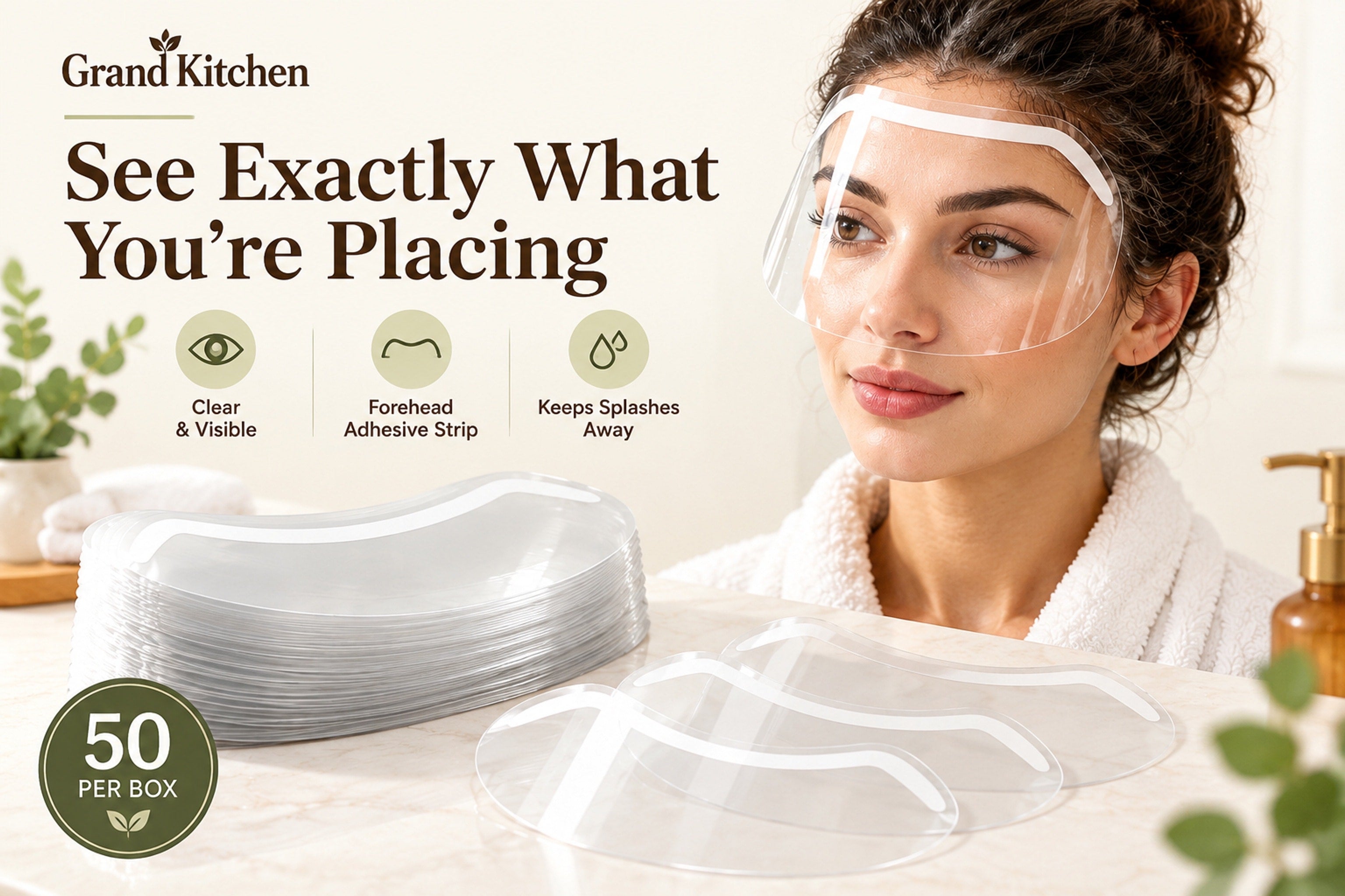 Person wearing a transparent crescent-shaped visor during a hair-washing routine