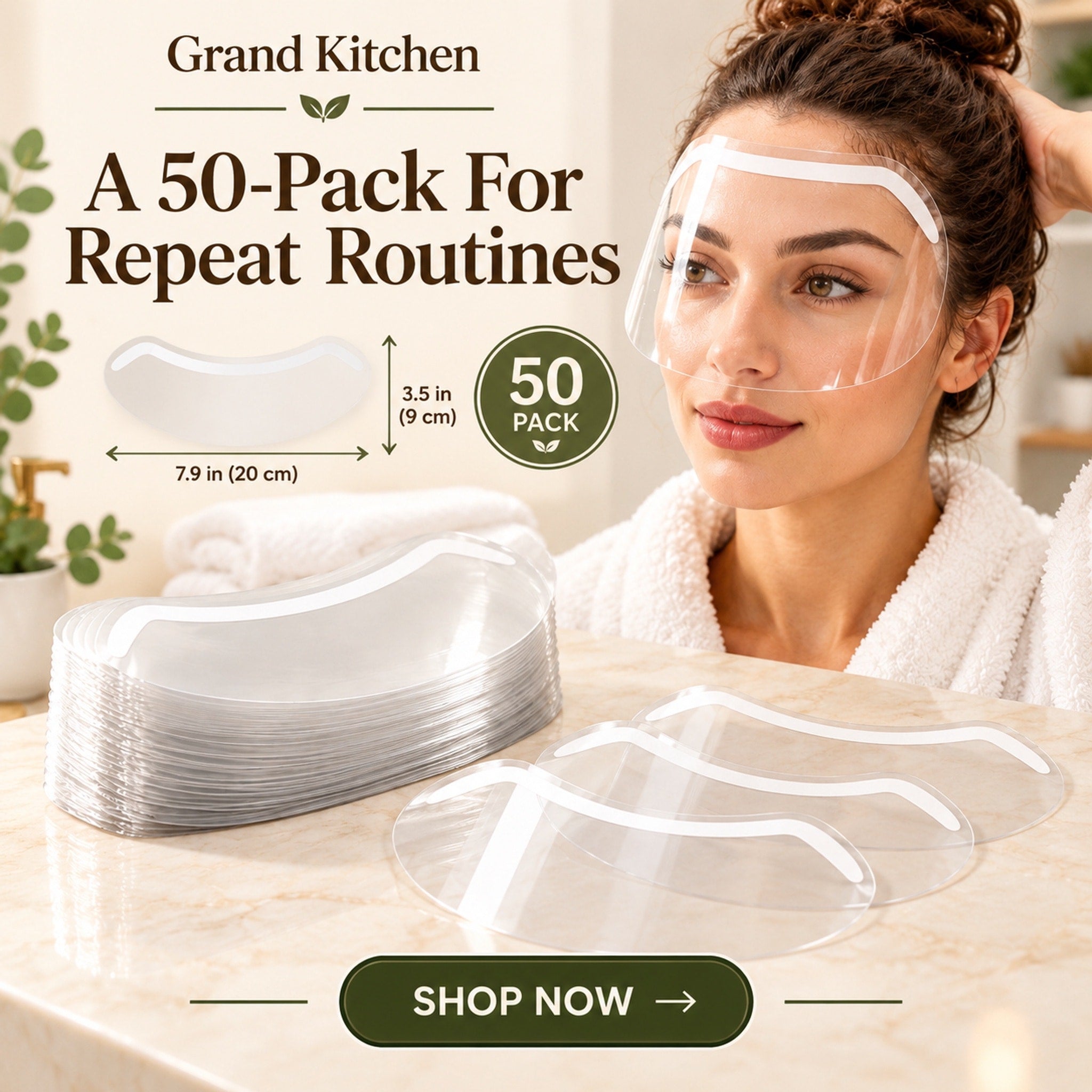 Transparent crescent-shaped disposable visors shown during hair washing and an at-home bang trim