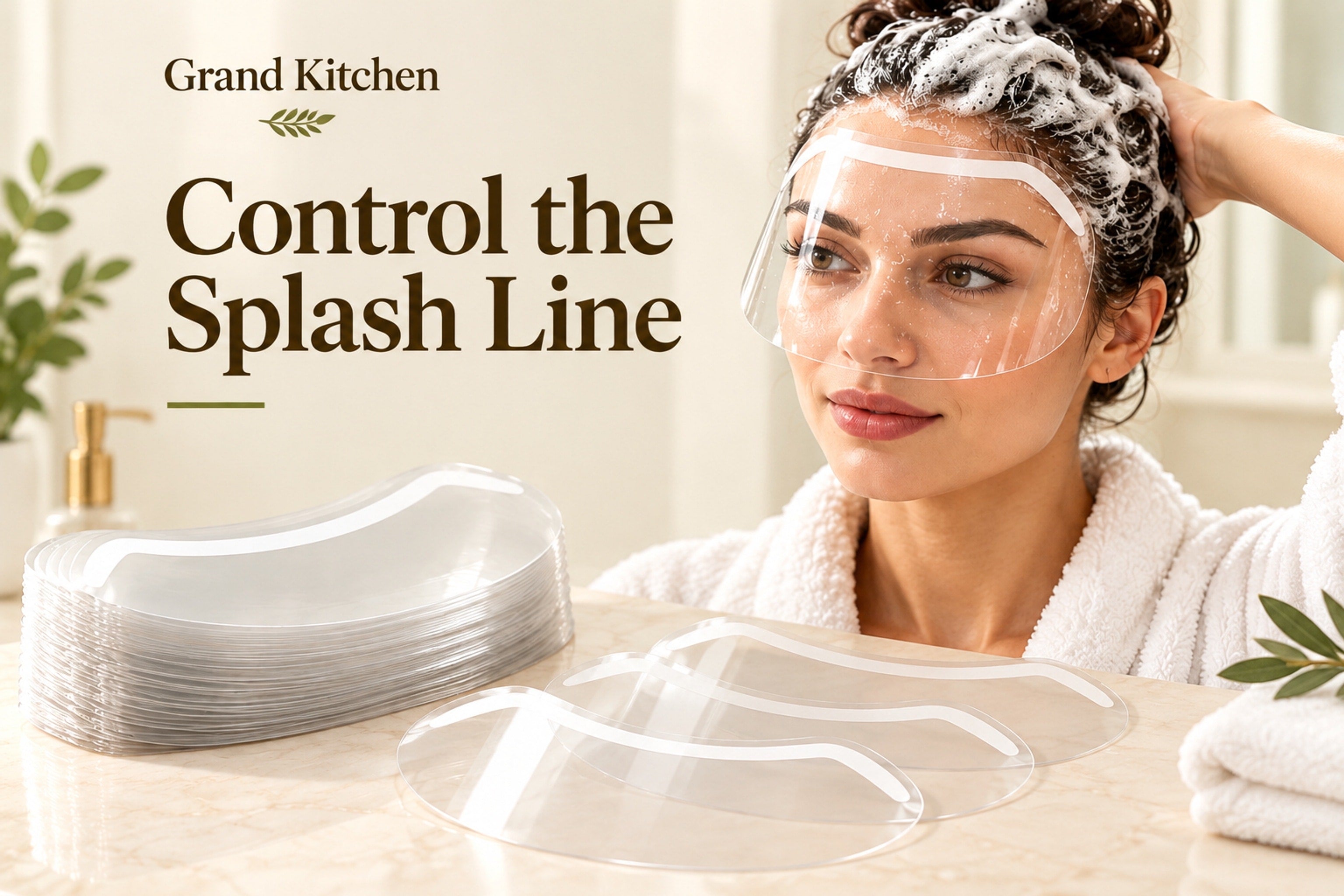 Transparent disposable forehead visor shown for a hair-washing routine