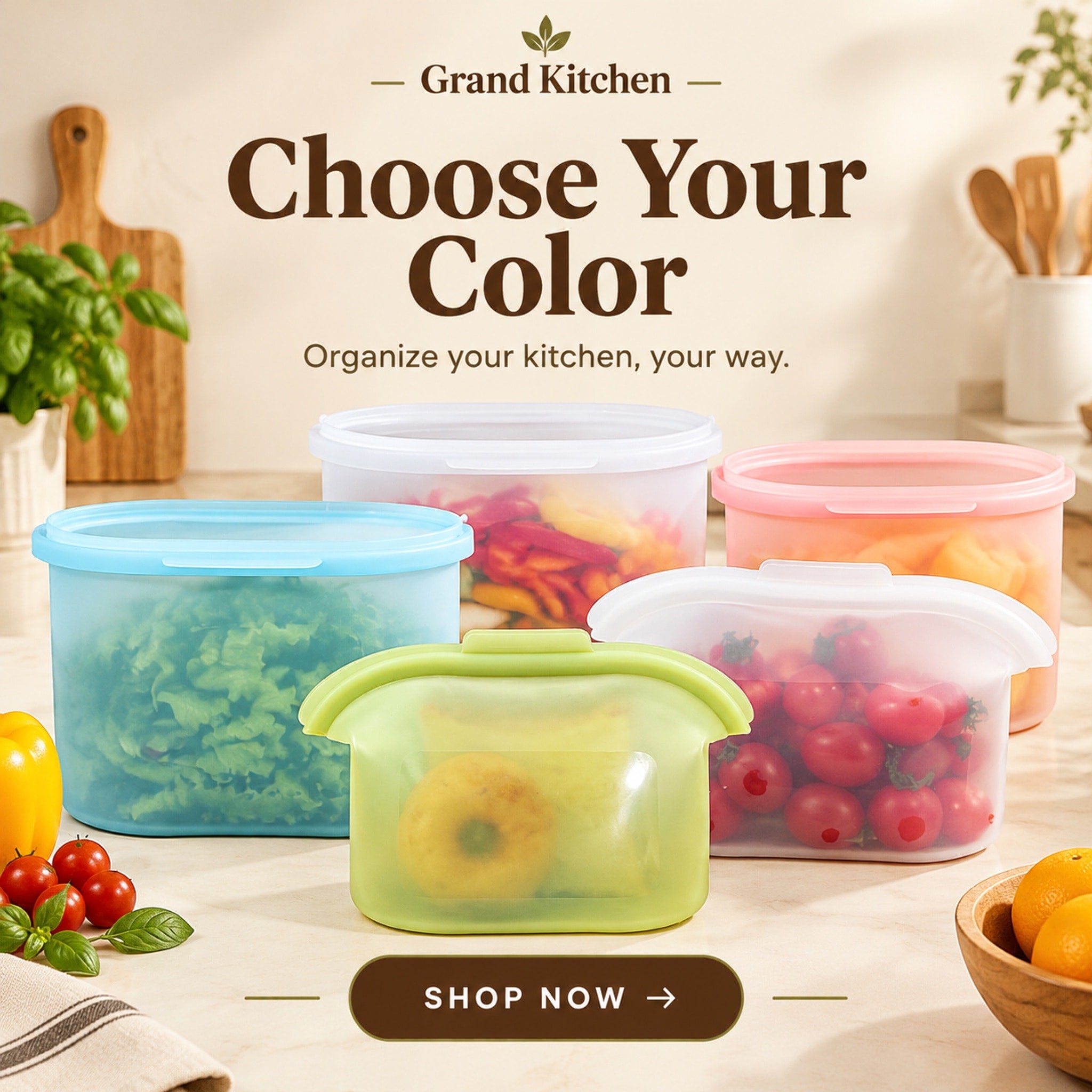 Collection of pastel upright translucent food-storage bags holding leafy greens, fruit, and vegetables