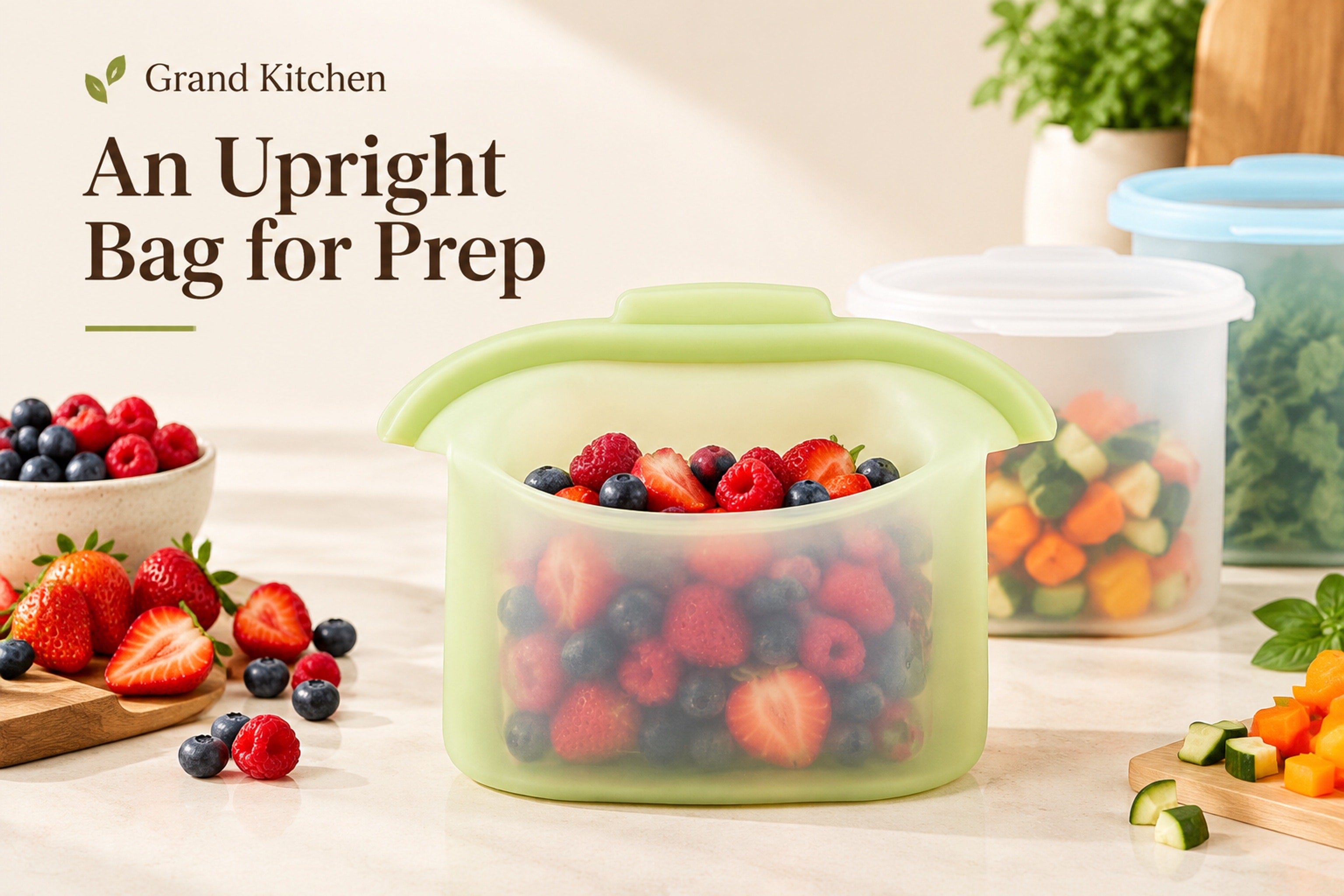 Open green food-storage bag being held in a kitchen